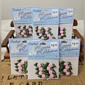 NWT Darice Roses & Ribbons Embellishments - 1" Pink and Green 48 Roses